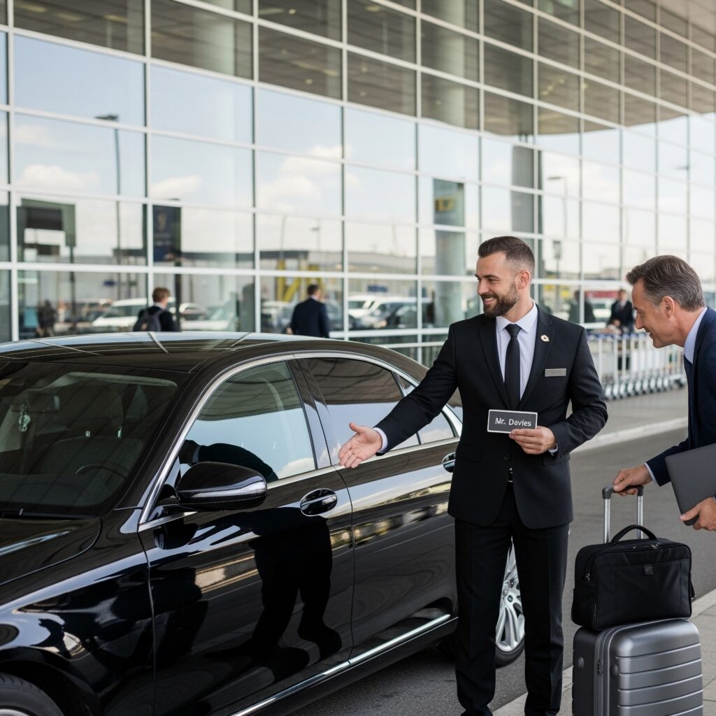 Chauffeur holding a name sign greeting an arriving guest at the airport terminal