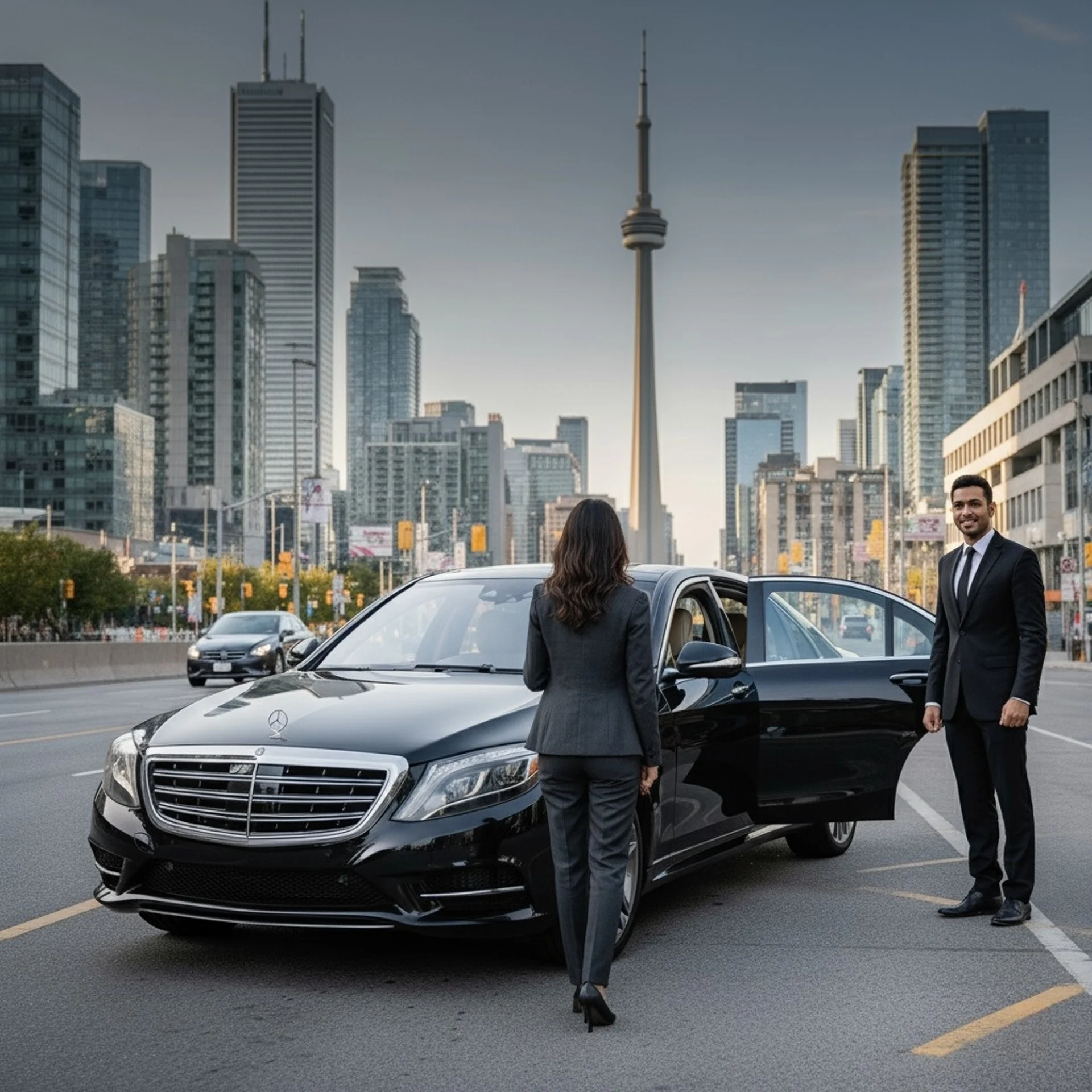 Chauffeur holding the door of a black executive SUV with the Toronto skyline behind