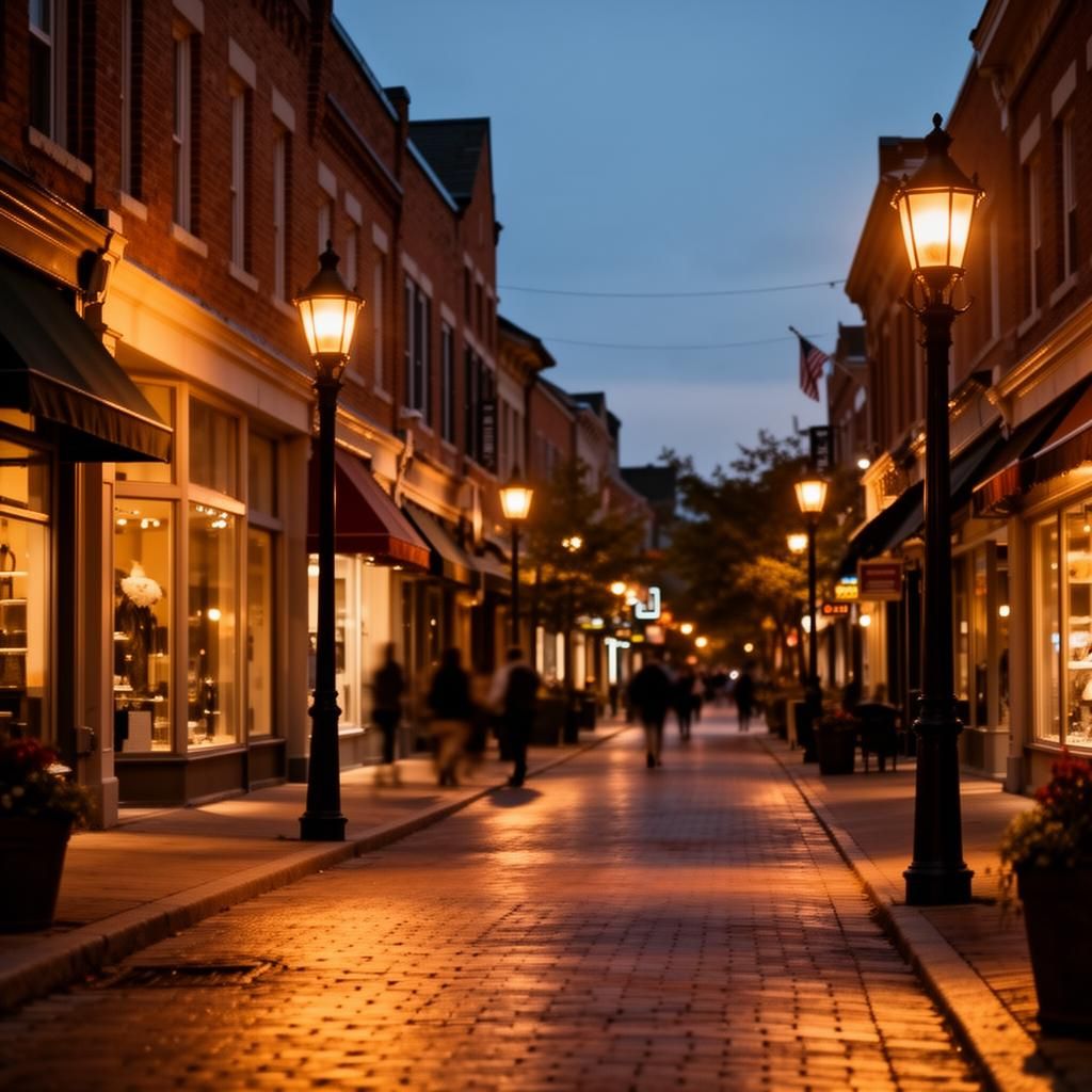 Historic Unionville Main Street Markham at dusk with gas lamps