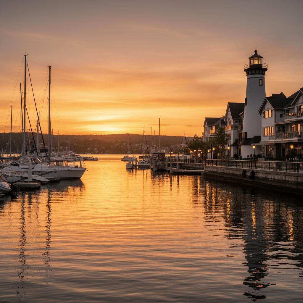 Bronte Harbour lighthouse and sailboats at sunset Oakville