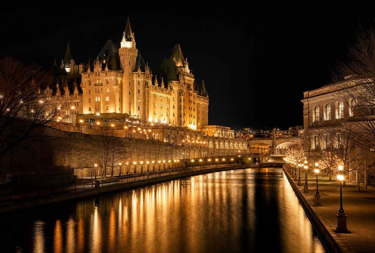 Fairmont Château Laurier and the Rideau Canal illuminated at night in Ottawa