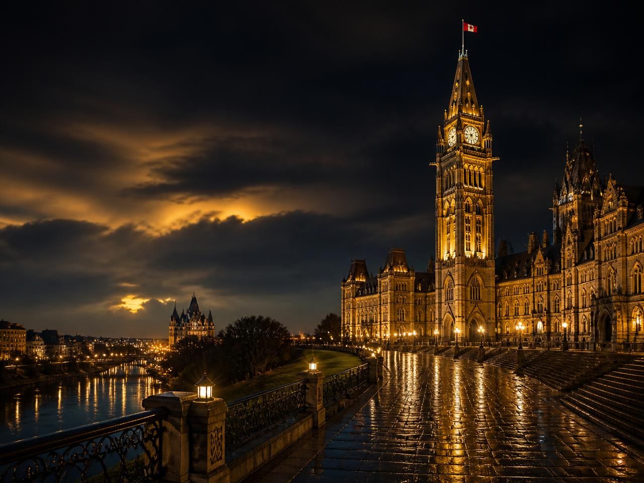 Parliament Hill and the Peace Tower floodlit at blue hour in Ottawa, with the Rideau Canal reflecting the lights