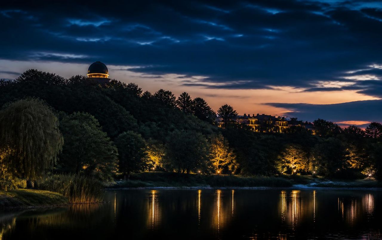 Richmond Hill Mill Pond at dusk with the David Dunlap Observatory dome on the ridge