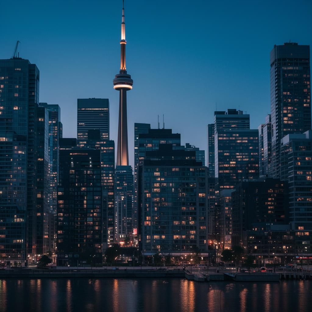 Toronto downtown skyline and CN Tower at twilight