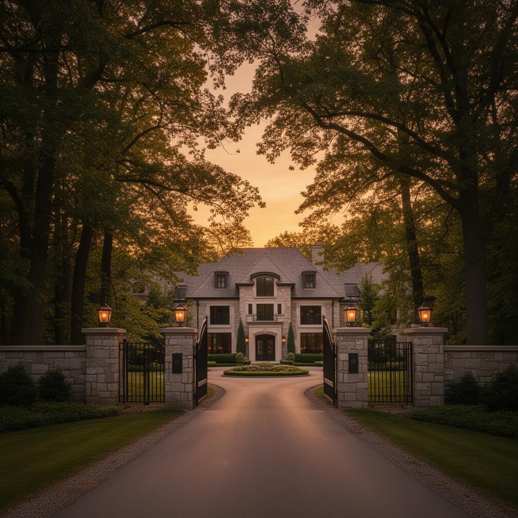 Gated luxury estate driveway in Kleinburg Vaughan at golden hour