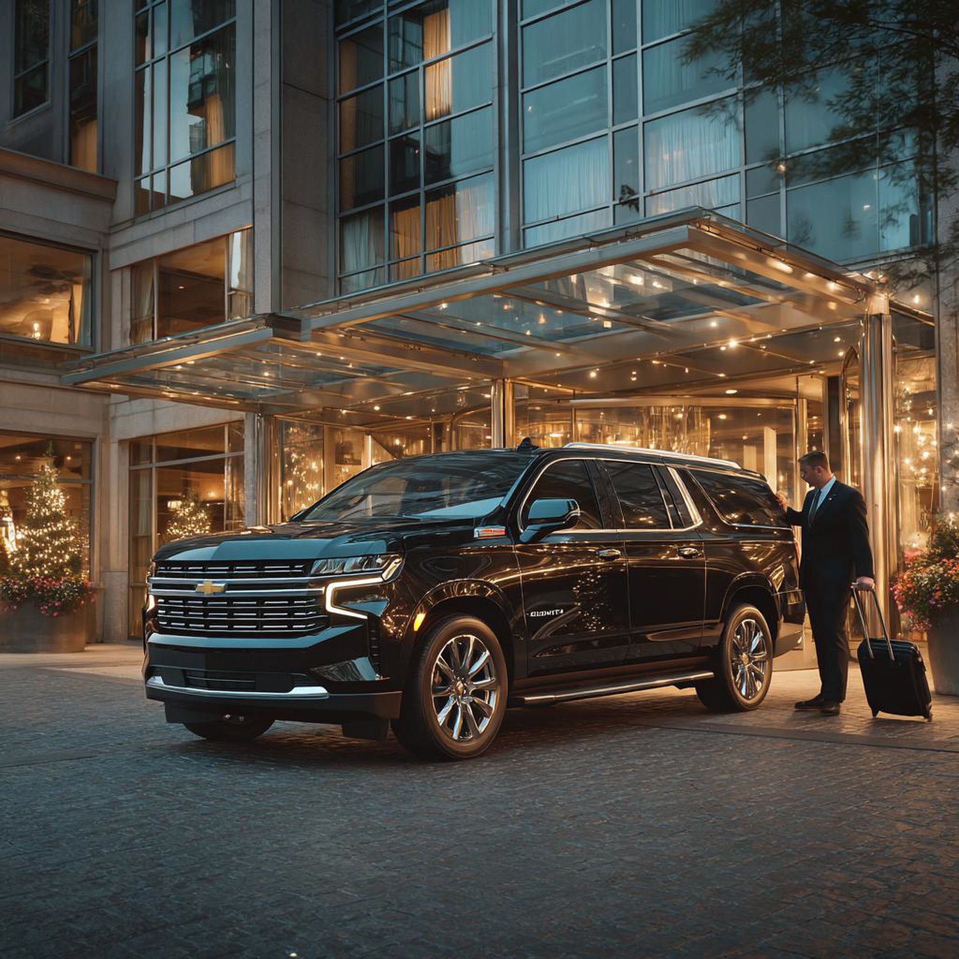 Black executive SUV waiting at a hotel entrance in the evening