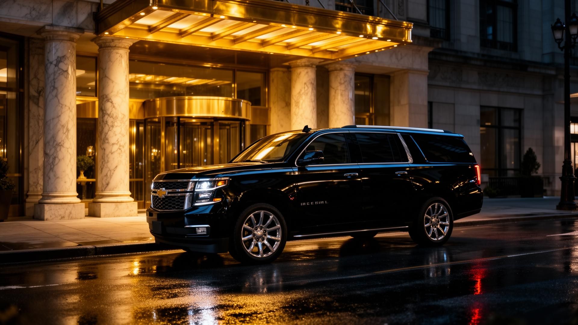 Executive black Chevrolet Suburban waiting curbside at Toronto Pearson International Airport Terminal 1