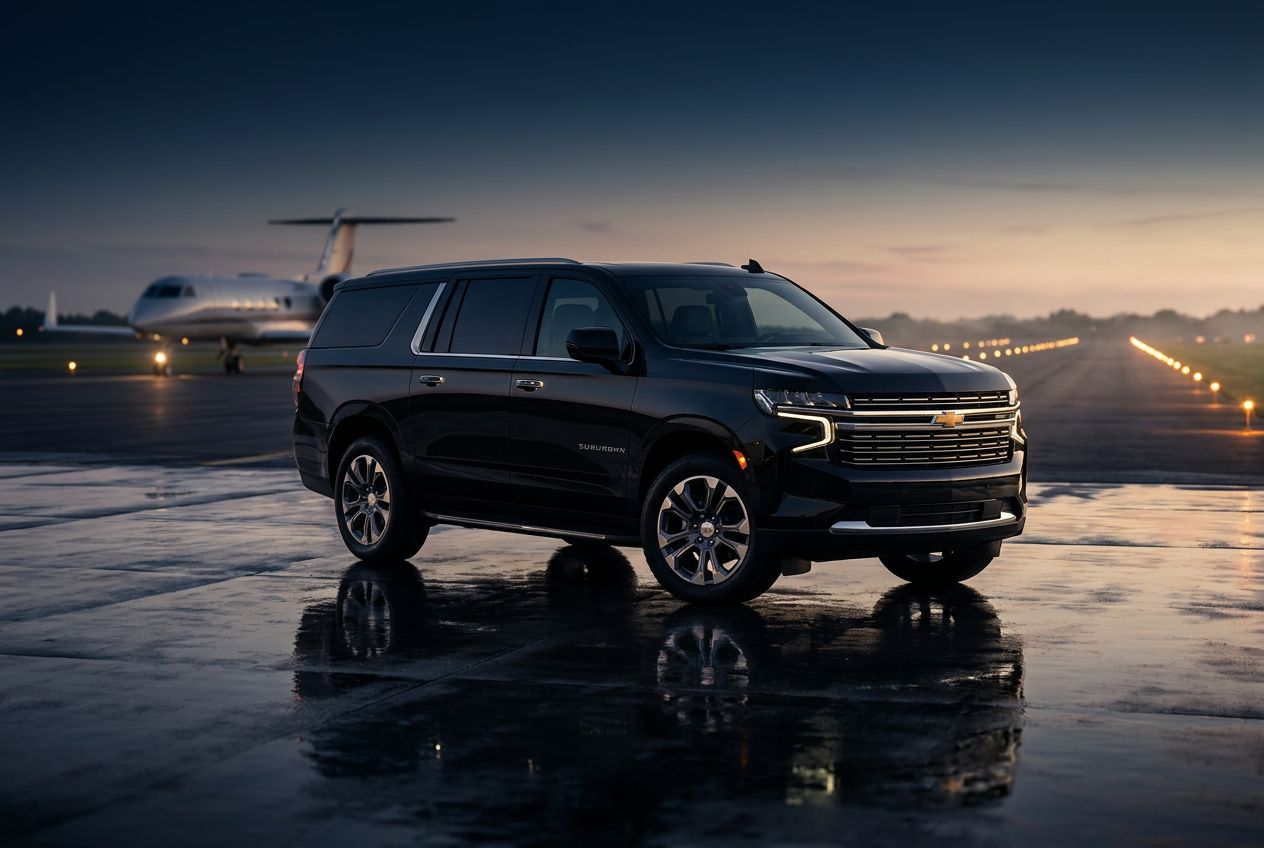Black Chevrolet Suburban on a private jet runway at dusk